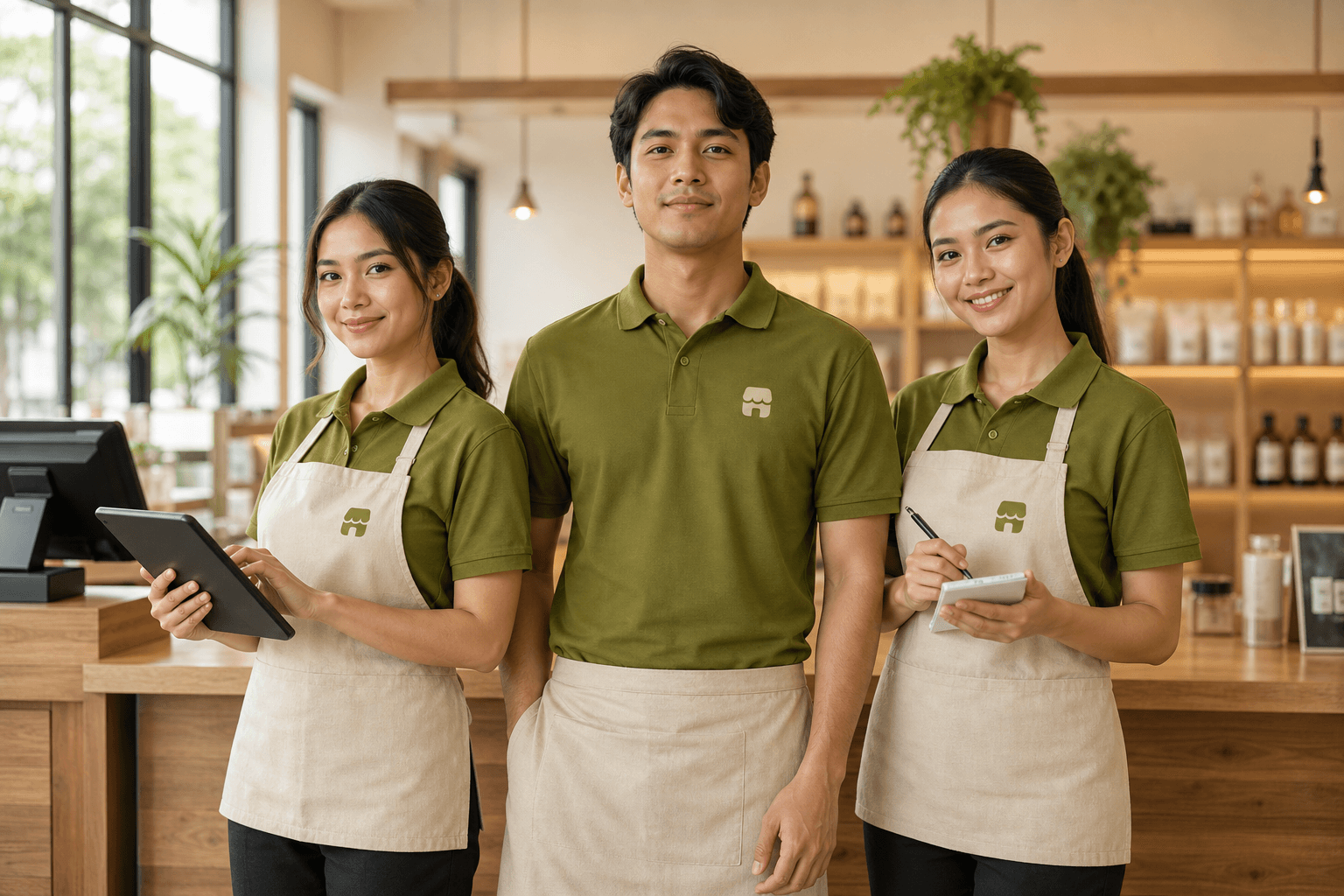Tiga crew toko Bukala dengan seragam olive, siap melayani di kasir